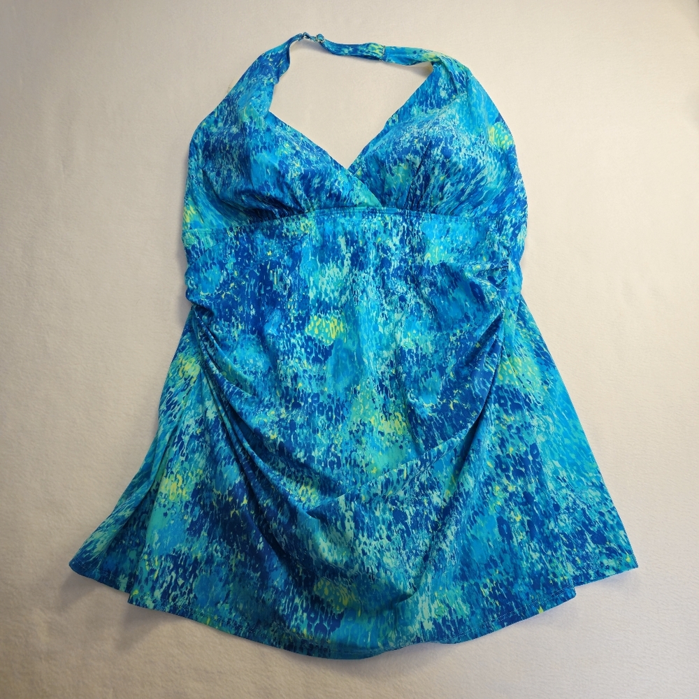 L.L Bean Vibrant Blue and Green Halter Swimm Dress Size 22W